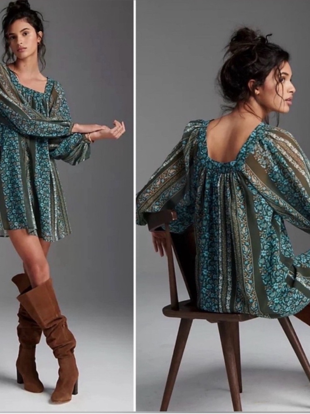 Anthropologie Olive Green and Teal Floral Mini Dress